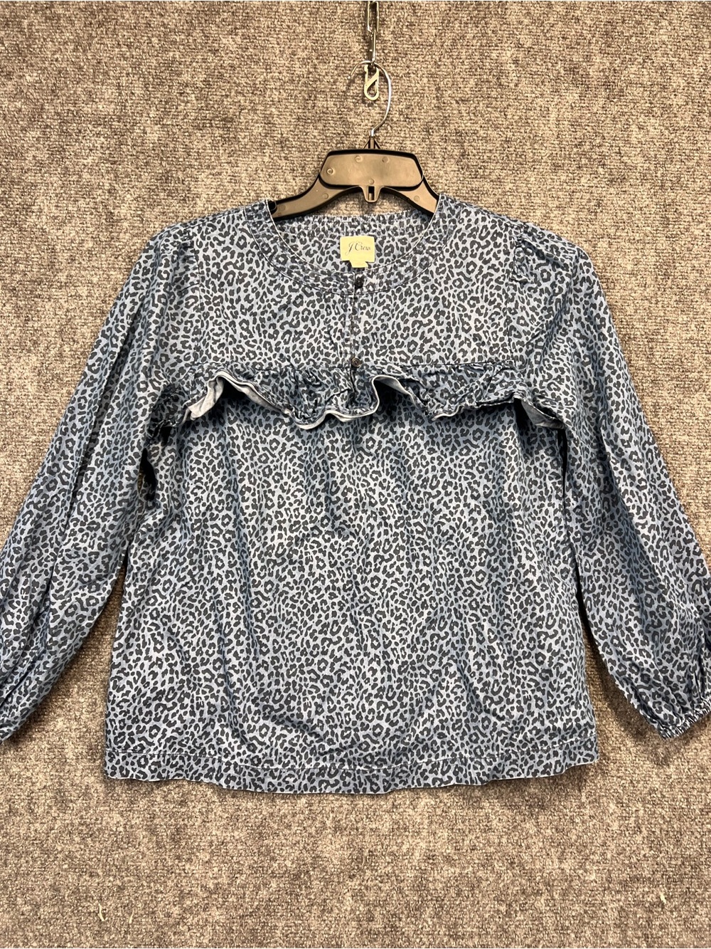 J. Crew Light Blue Leopard Ruffle-Yoke Long Sleeve Blouse